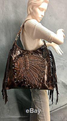 Raviani Indian Chief Distressed Brown Hobo Bag With Fringe & Silver studs #1426