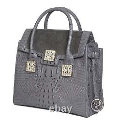 Raviani Satchel in Gray Embossed Crocodile & Hair on Leather With Swarovski Crysta