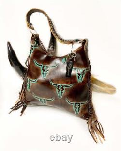 Raviani Western Fringe Hobo Bag In Longhorn Embossed Leather