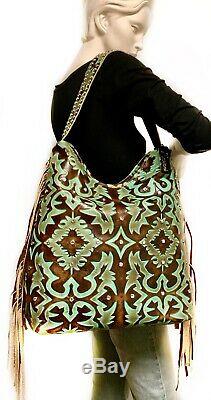 Raviani Western Hobo In Brown & TQ Laredo Cowhide Leather WithFringe & Crystals