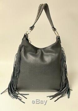 Raviani Western Indian Chief in Black Pebble Grain Leather Hobo Bag With Fringe