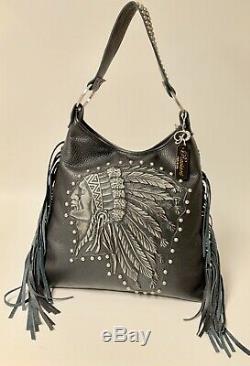 Raviani Western Indian Chief in Black Pebble Grain Leather Hobo Bag With Fringe