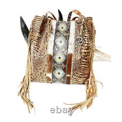 Raviani Western Style Fringe Navajo Tote Bag in Brandy Crocodile & Clafskin