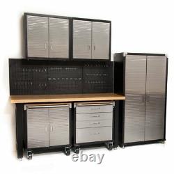 Seville 7 Piece Garage Storage System with Workbench, Cabinet and Wall Cabinet