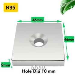 Super Strong Magnets. Large Neodymium 46mm Long 46mm Wid 9mm Thick 10mm Hole