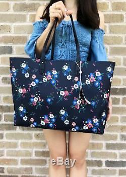Tory Burch Kerrington Large Square Tote Pansy Bouquet Navy Blue Floral