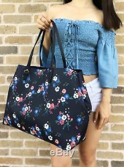 Tory Burch Kerrington Large Square Tote Pansy Bouquet Navy Blue Floral