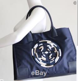 Tory Burch NEW Ella Navy Embroidered Rope Logo LARGE Nylon Leather Tote Bag $258