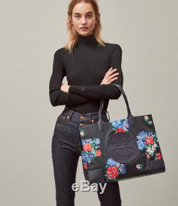 Tory Burch NEW Ella Printed Black Tea Rose Logo Tote Bag Authentic $228