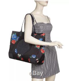 Tory Burch NEW Ella Printed Black Tea Rose Logo Tote Bag Authentic $228