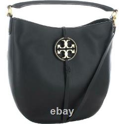 Tory Burch Womens Miller Black Leather Monogram Hobo Handbag Large BHFO 0604