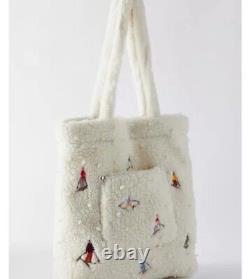Urban Outfitters Sherpa Ski Tote Bag Embroidered Beaded Skiers NEW