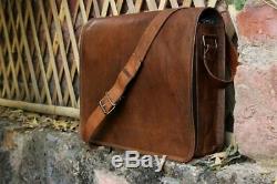 Vintage Goat Leather messenger Real satchel genuine Laptop bag brown briefcase