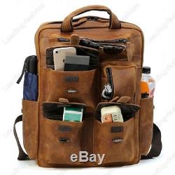 Vintage Leather Men Large 17 Laptop Backpack Hiking Travel Camping Carry On Bag