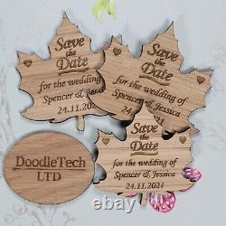 Aimant de sauvegarde de la date personnalisé pour invitation de mariage en bois avec feuille d'automne - Rustique