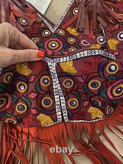 Antik Batik Sac Matelassé, Grand Coton Et Cuir Frangé, Superbe Pièce