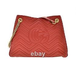 Gucci Marmont Chevron Matelasse Tote Chain Shoulder Bag Red Leather Nouveau