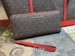 Michael Kors Kenly Grand Brown Mk Signature Flame Red Tote Bag + Wallet Set Nwt
