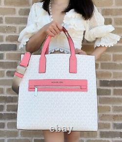 Michael Kors Kenly Grand North South Tote White Mk Signature Pamplemousse Rose