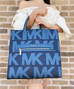 Michael Kors Kenly Large Tote Graphic Logo Mk Blue + Double Zip Wristlet