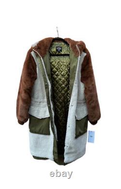 NWT $298 Manteau à capuche UGG LETTY pour femmes en blocs de couleur d'olive sauvage en sherpa taille L
