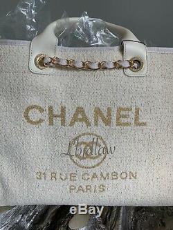Nwt Chanel Blanc Deauville Fourre-tout D'or 2019 19a Tps Grande Sac Crème Beige