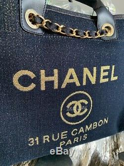 Nwt Chanel Bleu Marine Denim Deauville Fourre-tout D'or 2019 19a Tps Grande Sac