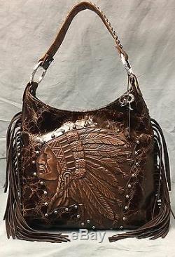 Raviani Chef Distressed Brown Sac Besace Indien Avec Fringe & # 1426 Argent Clous