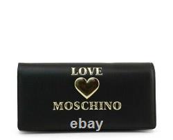 Sac pochette Love Moschino avec logo en forme de cœur noir, séparateurs internes, authentique, neuf avec boîte.