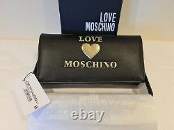 Sac pochette Love Moschino avec logo en forme de cœur noir, séparateurs internes, authentique, neuf avec boîte.